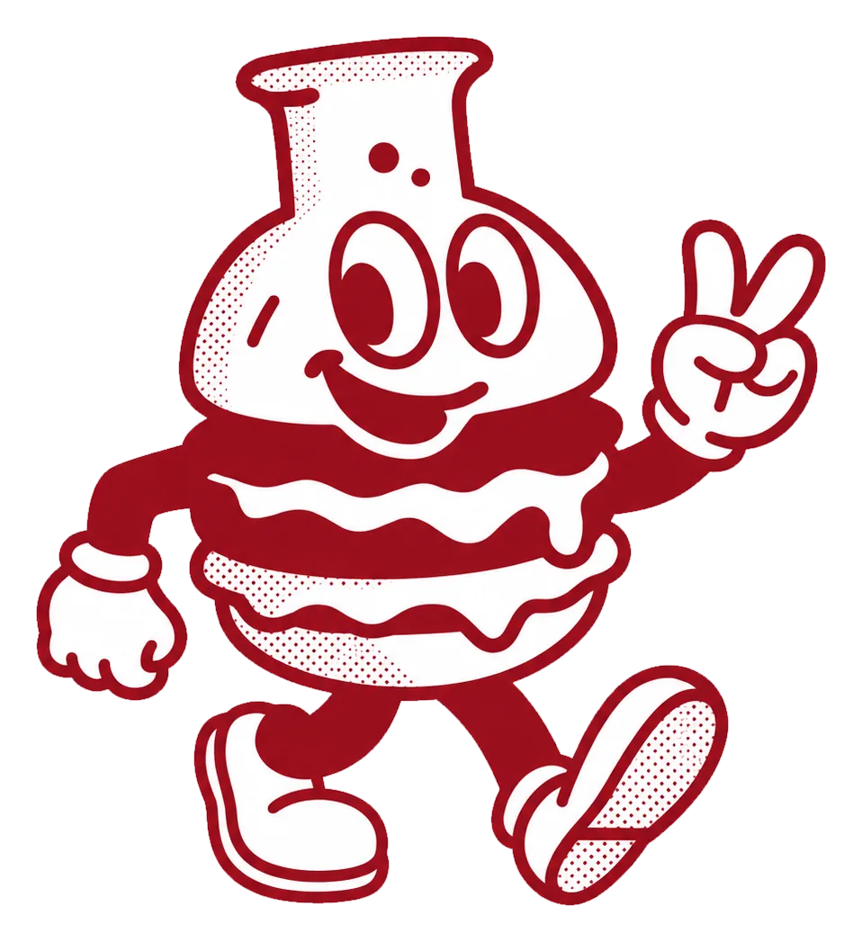 Dr. Streat, the StreatLab burger-flask mascot, flashing a peace sign